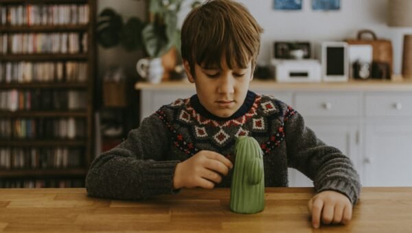 boy playing with green cactus figurine